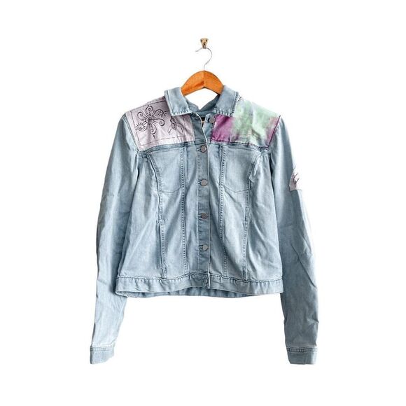 Calvin Klein Jeans Womens Denim Jacket Cropped Pastel Applique Light Wash Large - Picture 1 of 7
